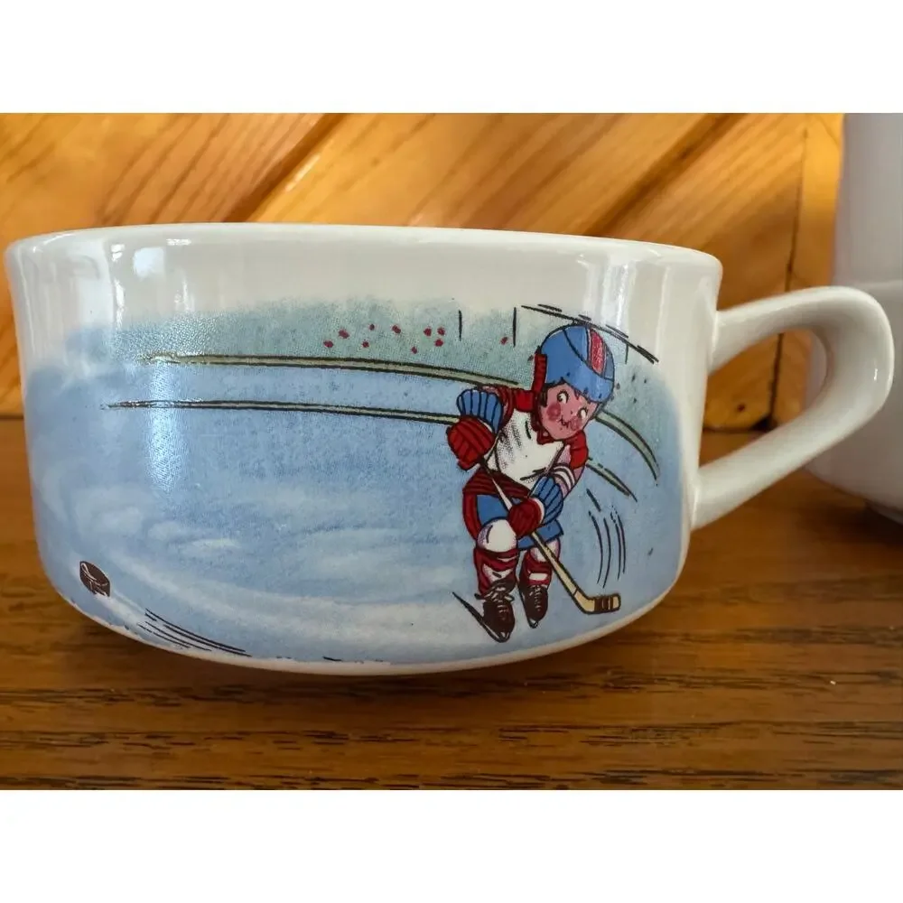 Vintage Campbell’s Soup Kids Stackable Mug Bowl Set of 3 Cartoon Scene Hockey - Picture 2 of 10
